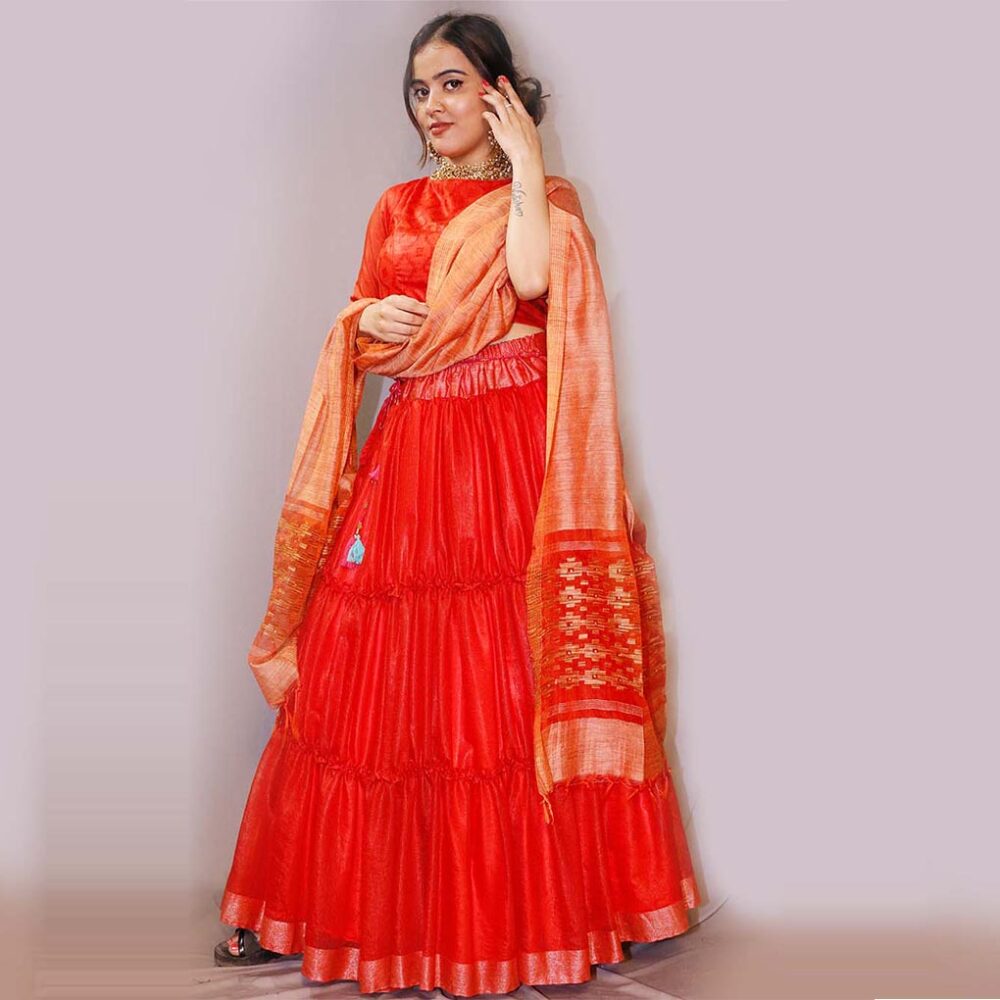 Handloom Silk Red With Skirt Frill Lahenga