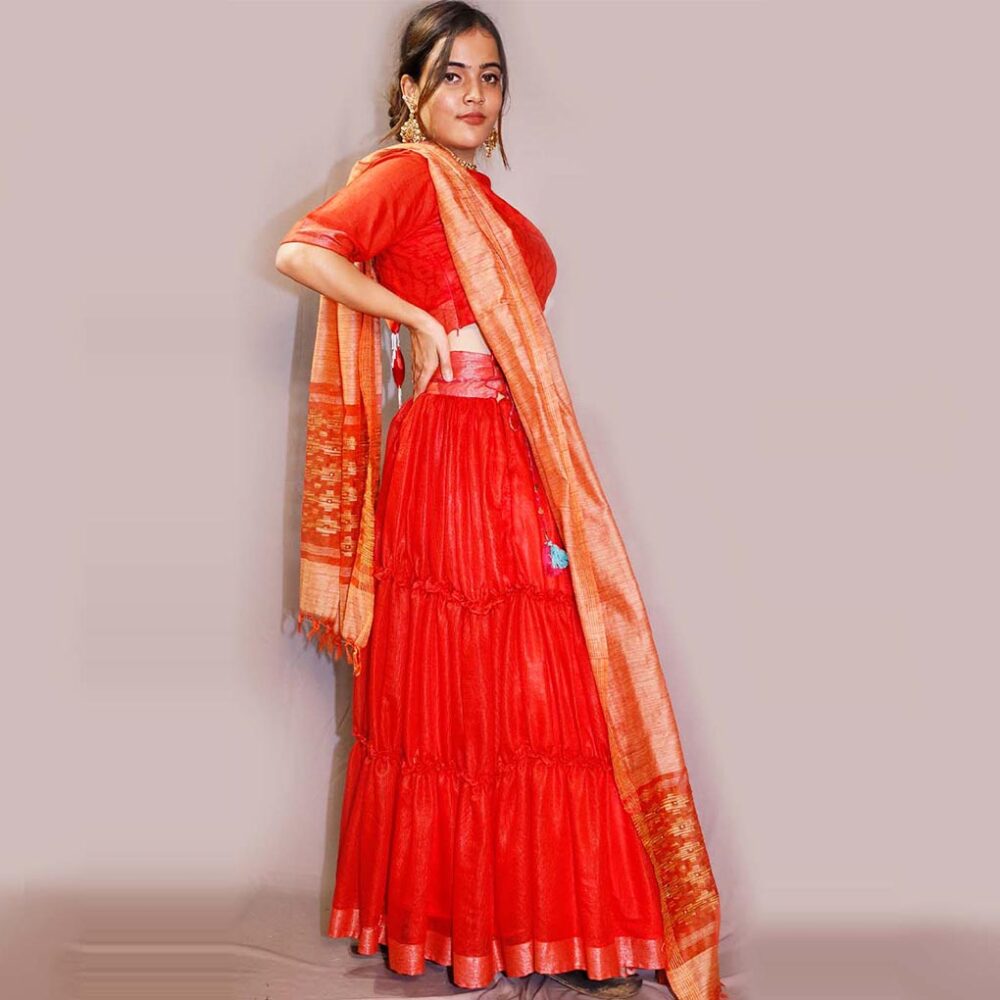 Handloom Silk Red With Skirt Frill Lahenga - Image 3