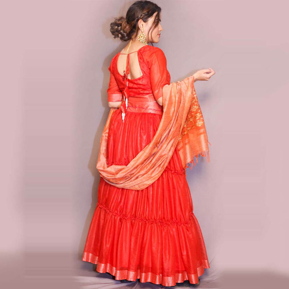 Handloom Silk Red With Skirt Frill Lahenga - Image 2