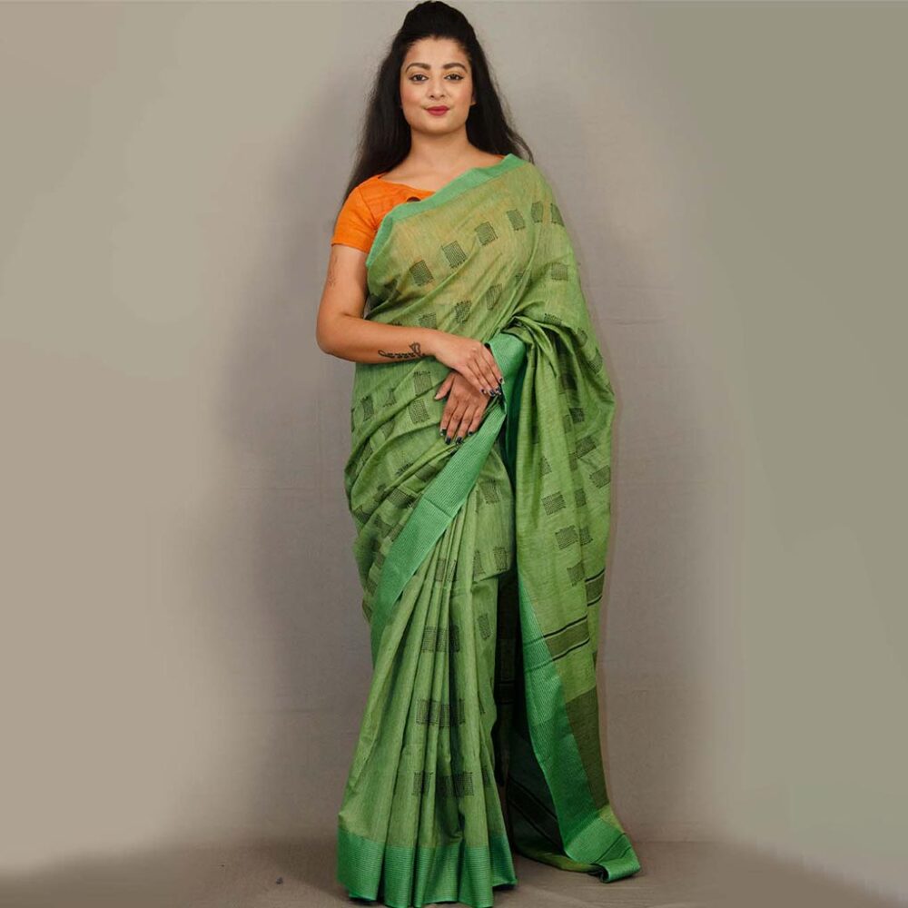 Pista Green Silk Checks Motif Saree
