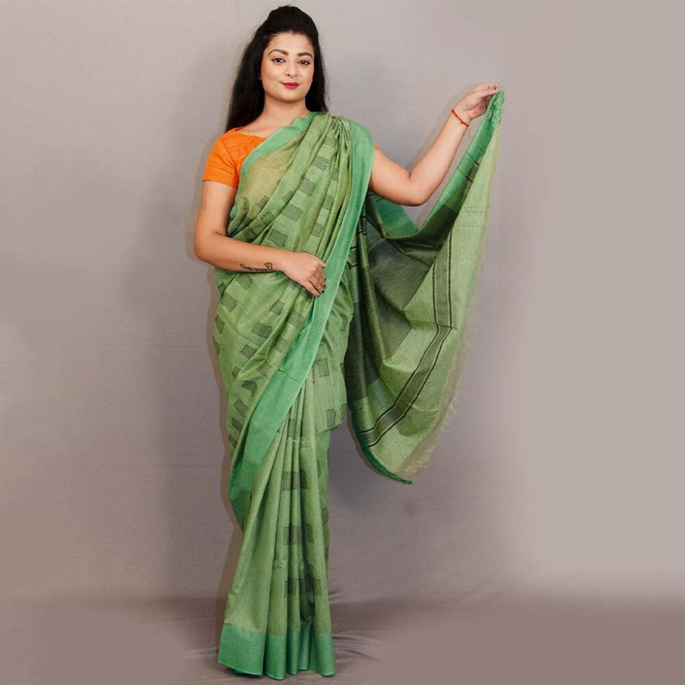 Pista Green Silk Checks Motif Saree - Image 3