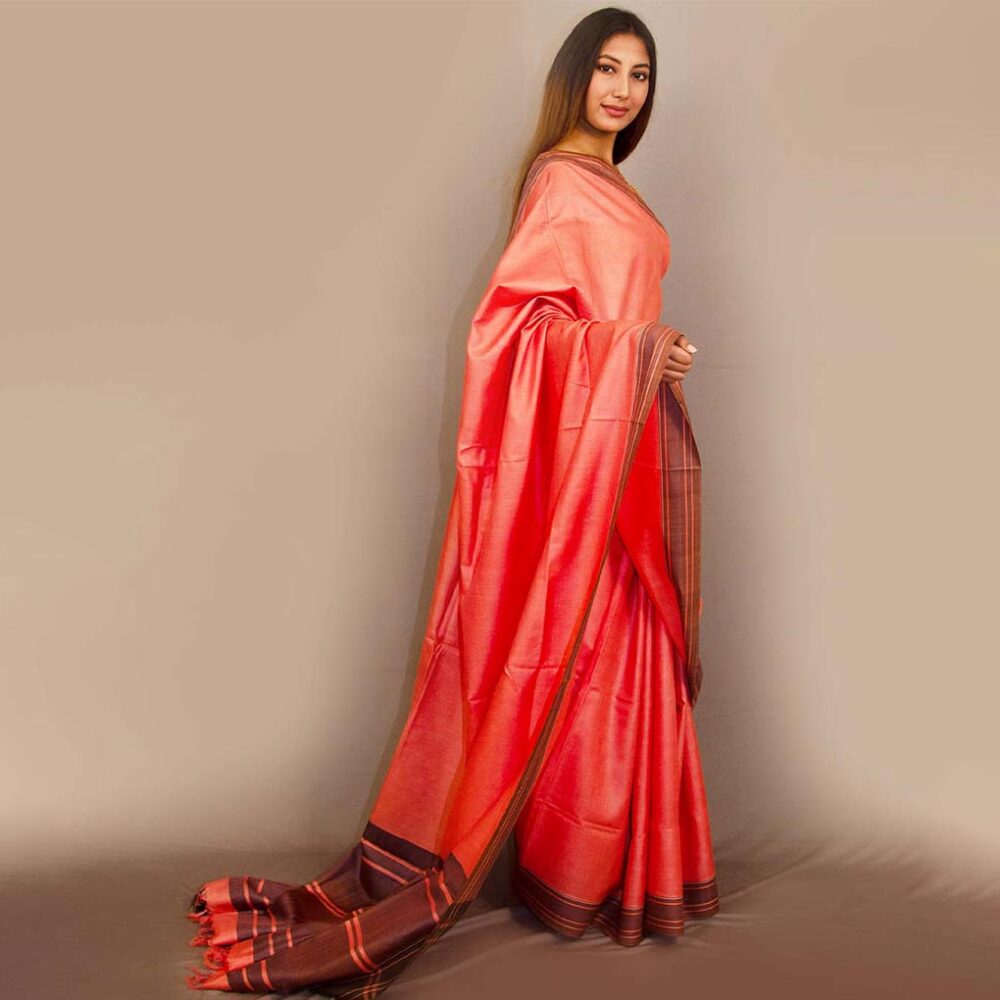 Red And Black Silk Stripe Saree - Image 2