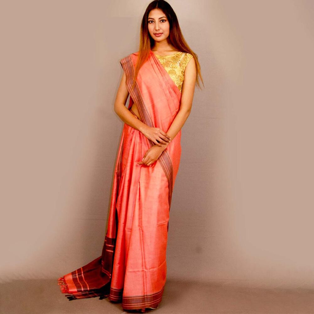 Red And Black Silk Stripe Saree - Image 3
