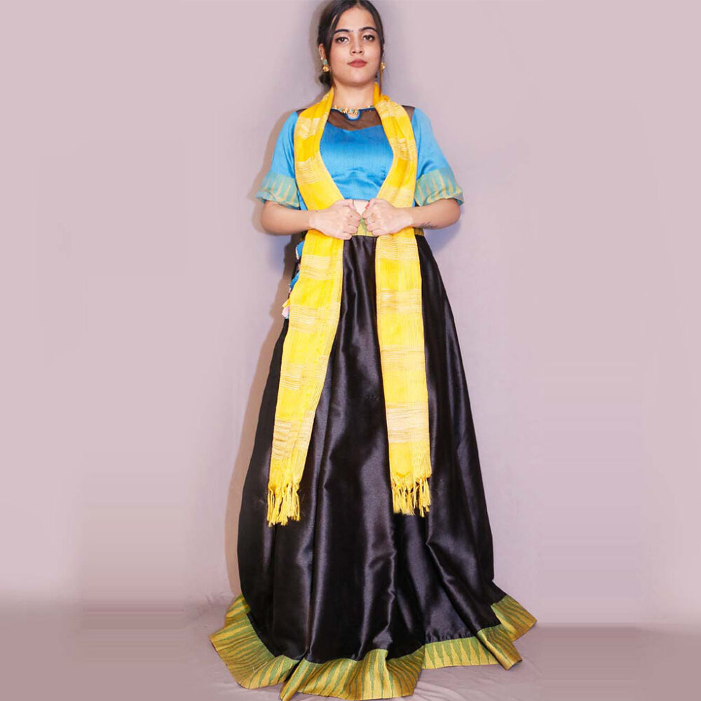 Handloom Silk Black And Blue Blouse Lahenga - Image 2