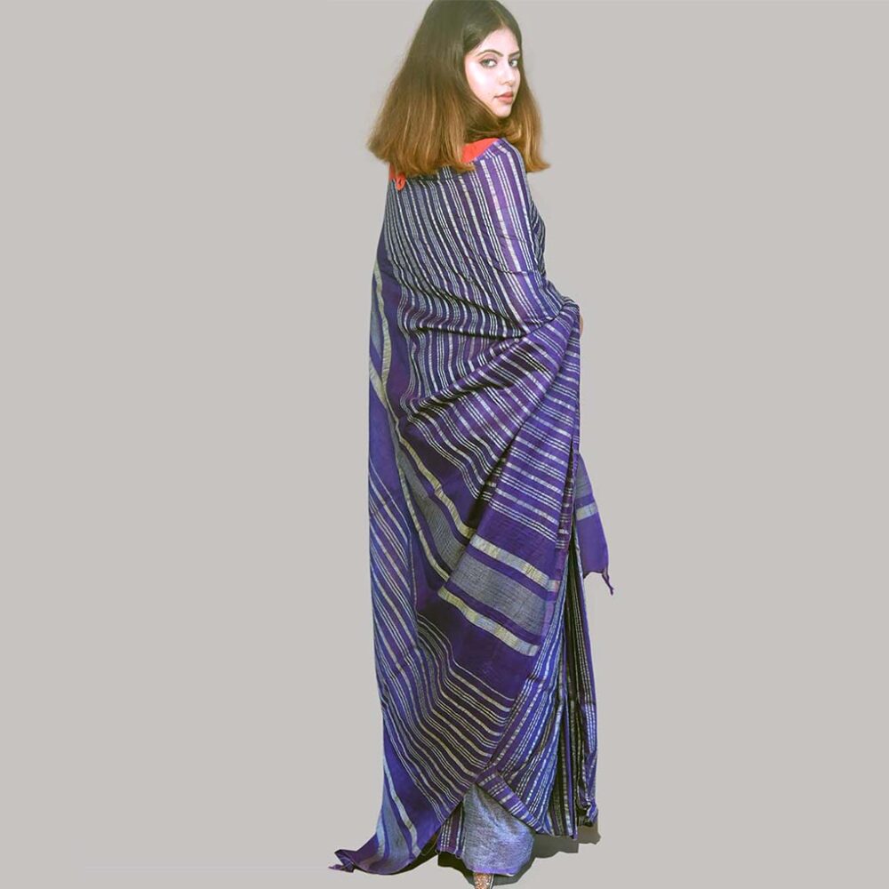Handloom Navy Linen Saree - Image 2