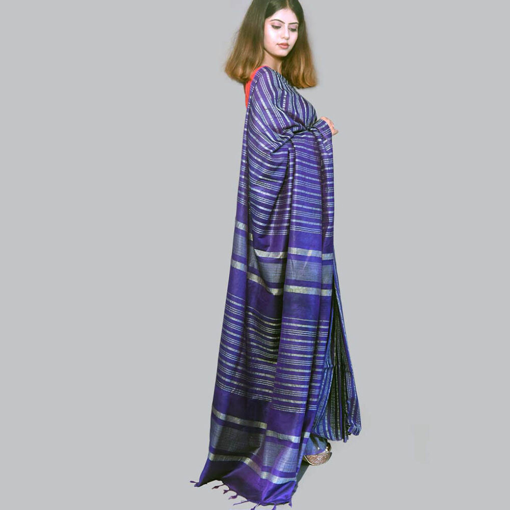 Handloom Navy Linen Saree - Image 3