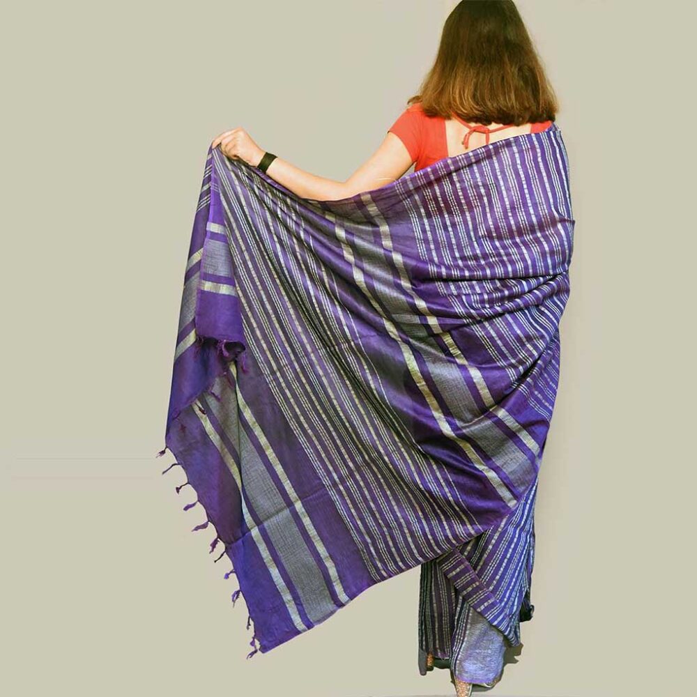 Handloom Navy Linen Saree - Image 4